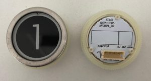 Кнопка приказа круглая, черная поверхность, белая надпись, "1" AVDBUT, KONE